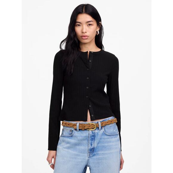 Madewell Flared-Sleeve Cardigan S Jet Black Button Up Crewneck Variegated Cotton - Picture 1 of 7
